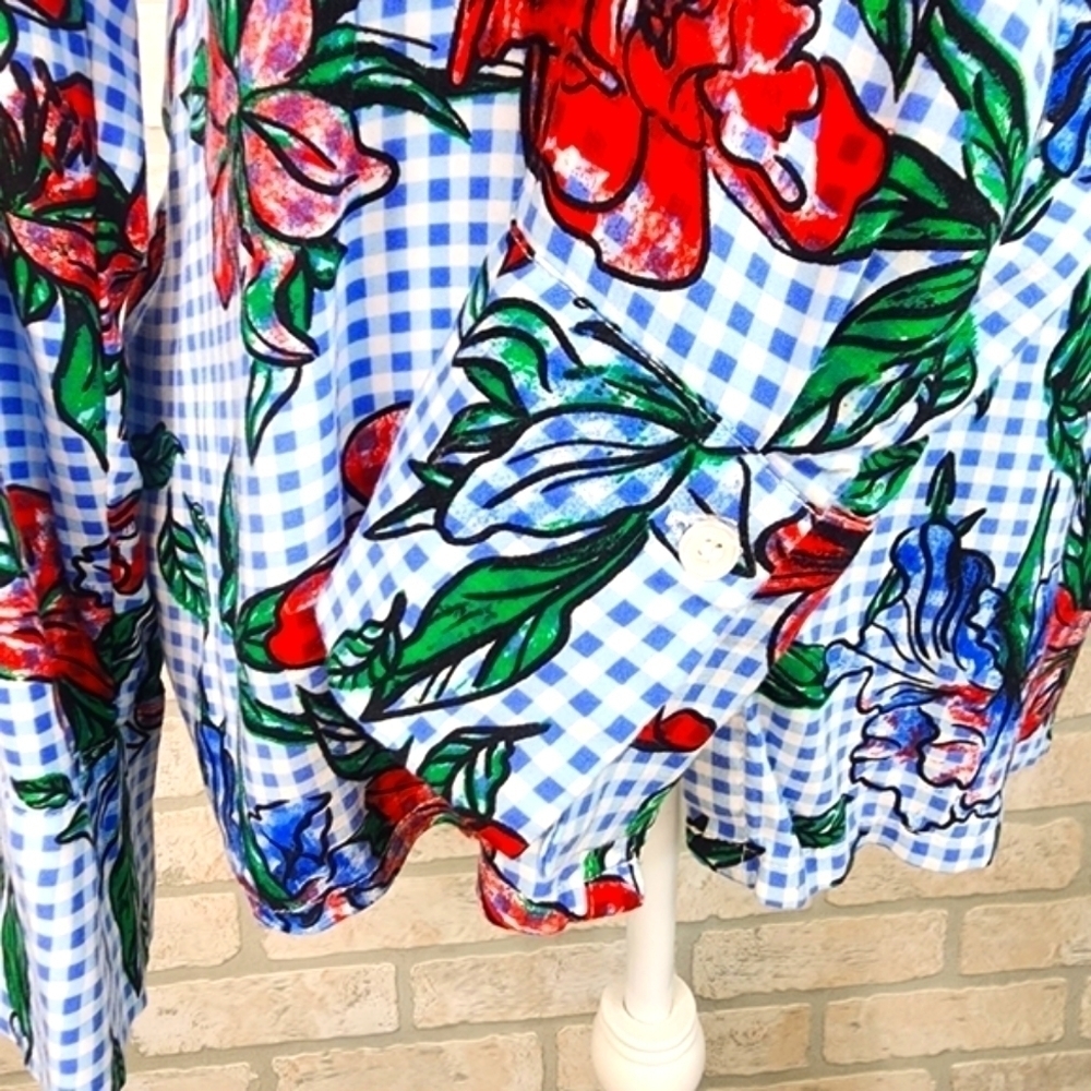 MASSINI Floral Button Up Long Sleeve Gingham Style Blouse Size L - Picture 5 of 9